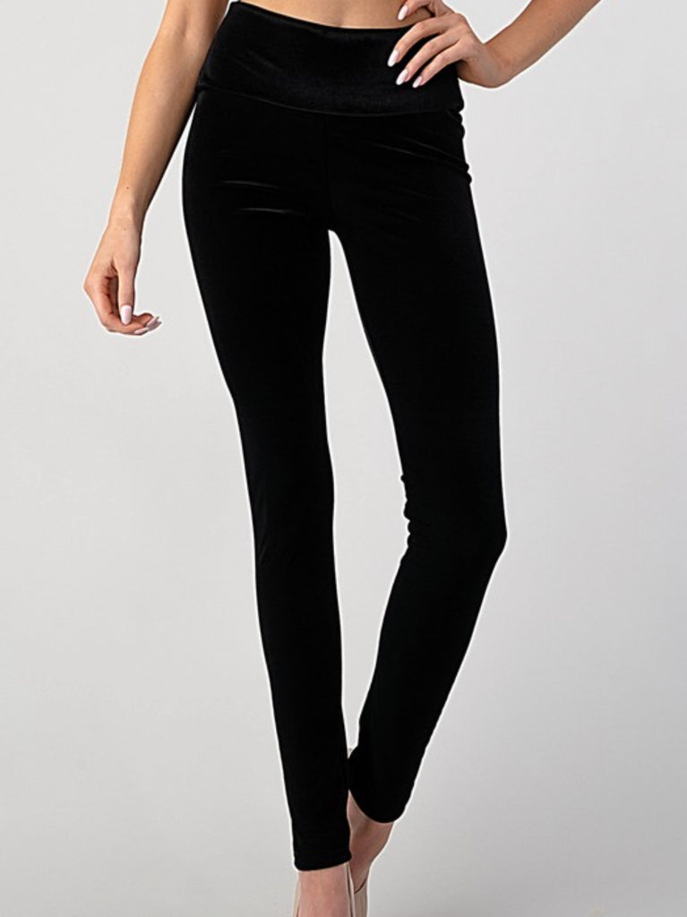 Black ,Velour texture velvet leggings with a wide waistband for a snug fit.