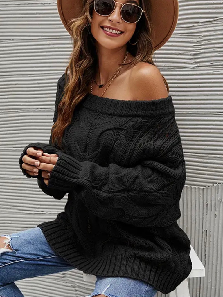 Black Knit Relaxed fit boatneck off The shoulder Sweater with a dash of Boho Chic Flair !