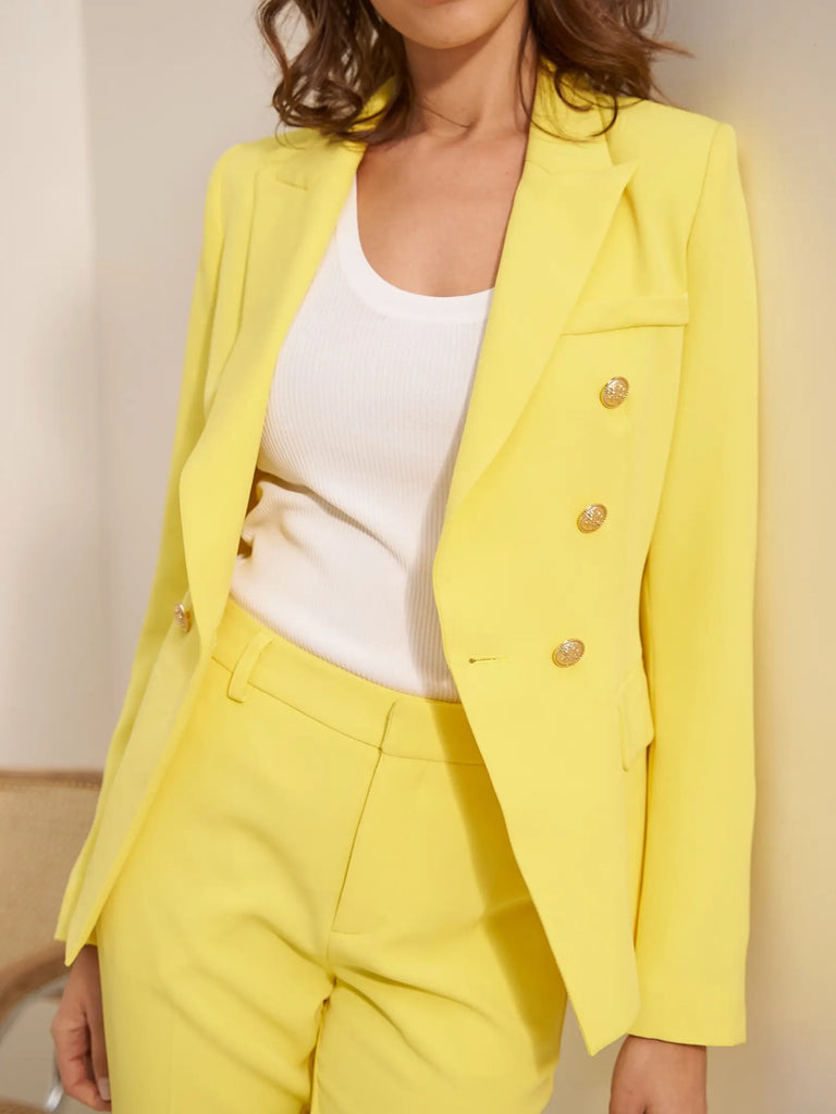 Yellow Double breasted, fitted Blazer with gold tone buttons, lapel collar, and long sleeves.