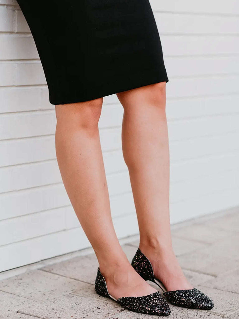 Black sparkle pointed d'orsay flats Every pair comes with a high-heel carrying bag , and comes with a complimentary heel pad to customize your perfect fit.