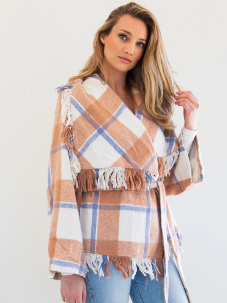 Plaid Tie Waist Wrap Jacket and tassel with a thick tie waist, or bow behind your back.