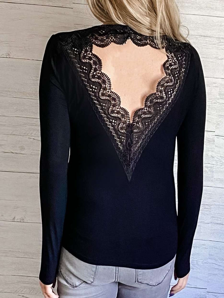 Black Lace Back Long Sleeve Top has a plunging lace back and v-neckline adorned with tiny lace detailing.