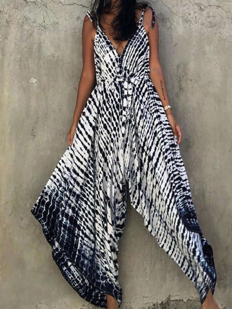 Tie Dye Navy and White Print Wide Leg Jumpsuit in 100% polyester.