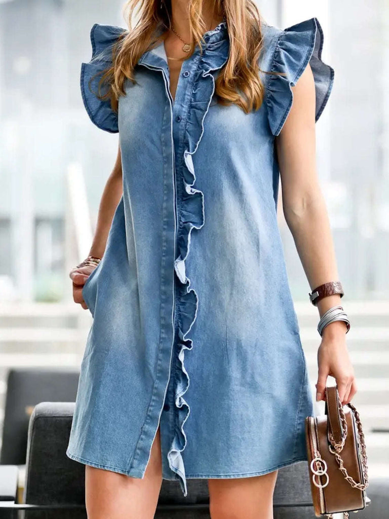 Denim tunic dress with ruffle cap sleeves and front button close, it has handy pockets and a front long ruffle detail.