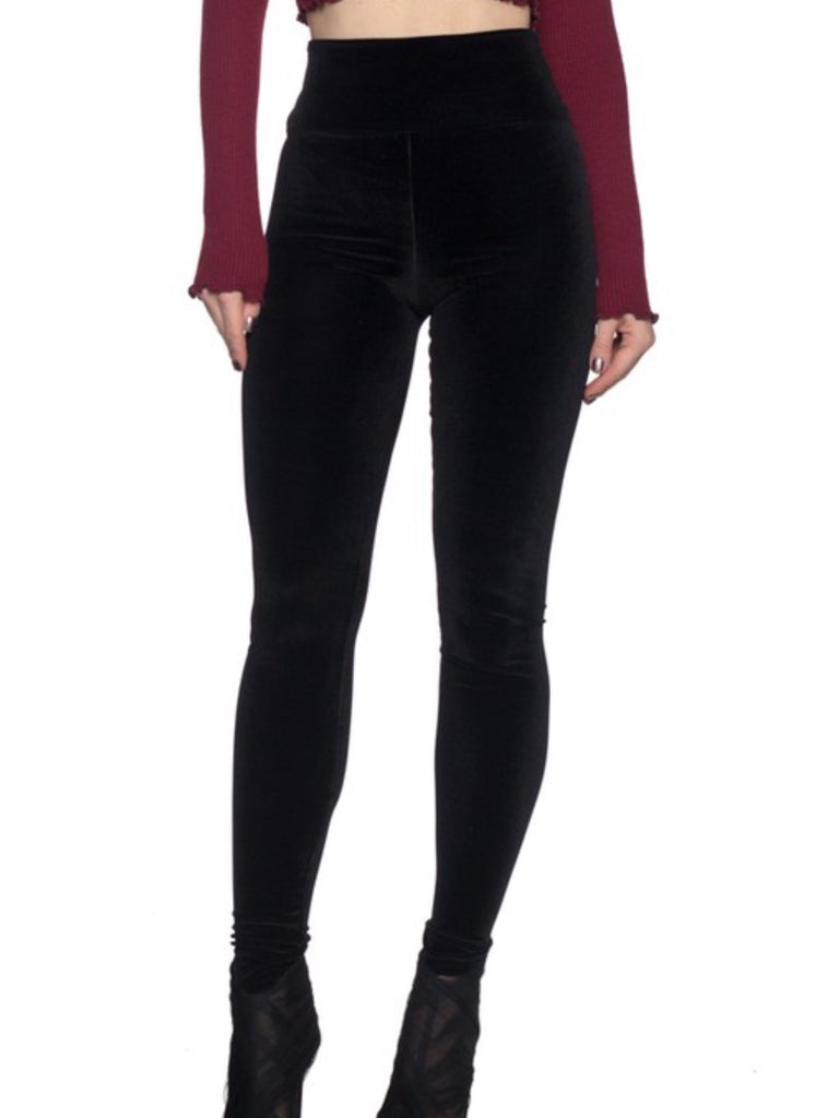 Black,Velour texture velvet leggings with a wide waistband for a snug fit.