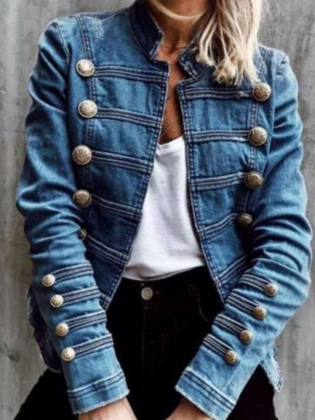  Double breasted jean jacket,  with  subtle gold button detail and open front.