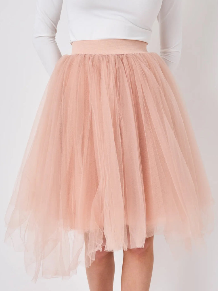 Pink, Midi length ,Tulle Tutu Skirt, flared cut, enhanced by ruffles, offering a ruffled effect at the bottom