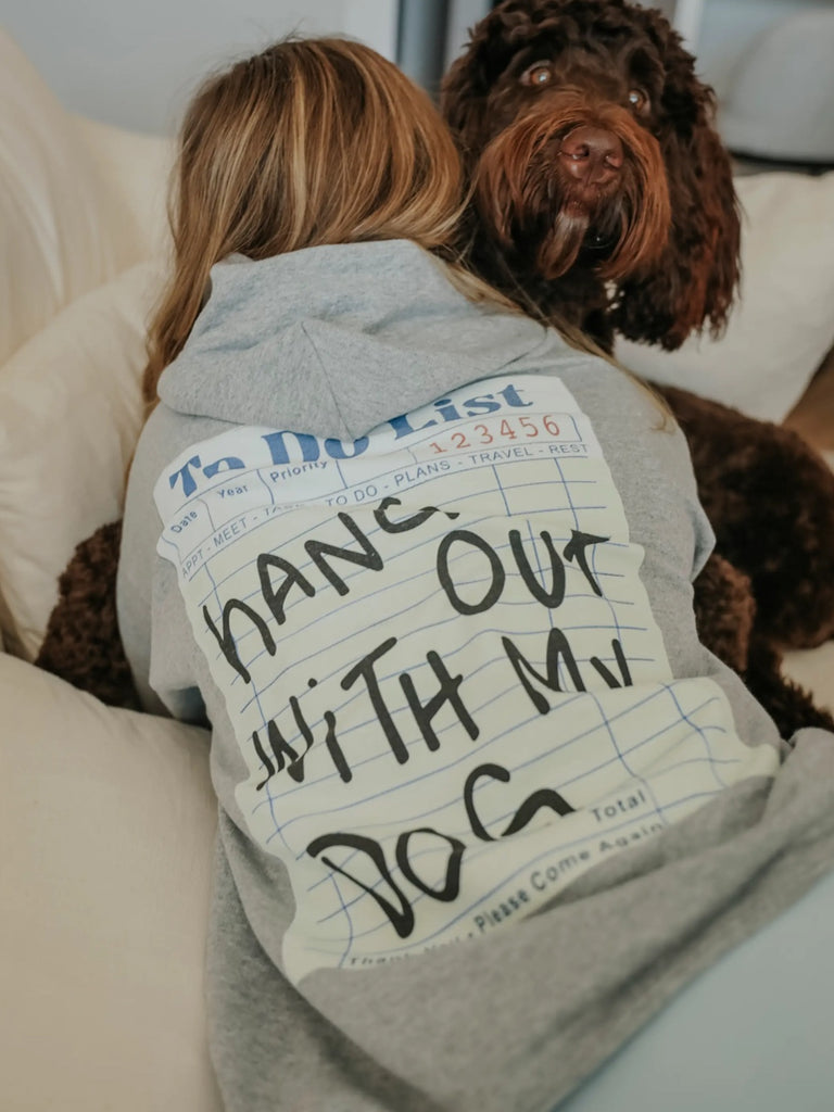 Grey , Front Pockets Hoodie with  Graphic Logo " hang out with my dog".