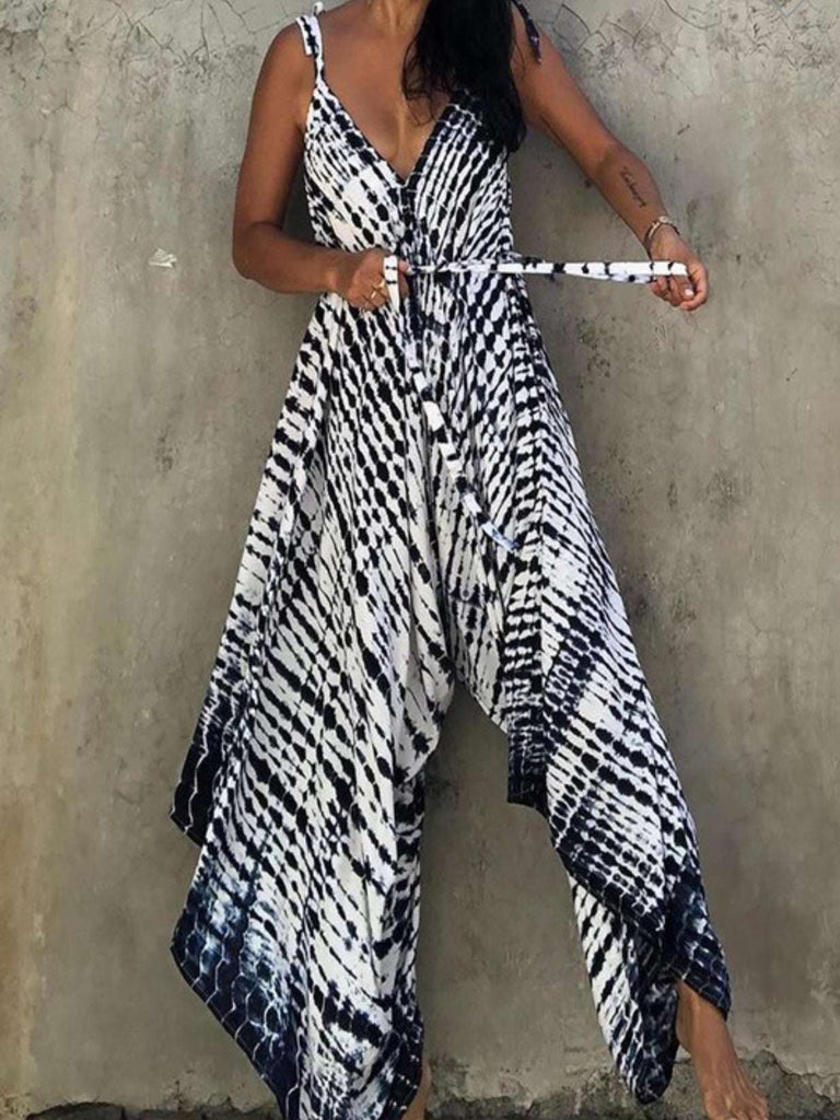 Tie Dye Navy and White Print Wide Leg Jumpsuit in 100% polyester with front ties.