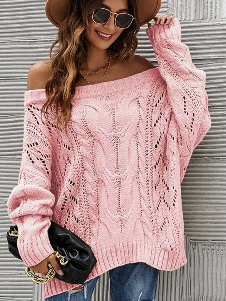 Cozy Knit Erica Off The Shoulder Sweater in Pink showcases your shoulders, enhancing the playful and dynamic nature of your look.