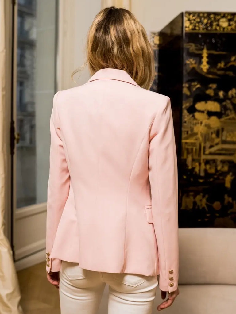  Light Pink Double breasted, fitted Blazer with gold tone buttons, lapel collar, and long sleeves.