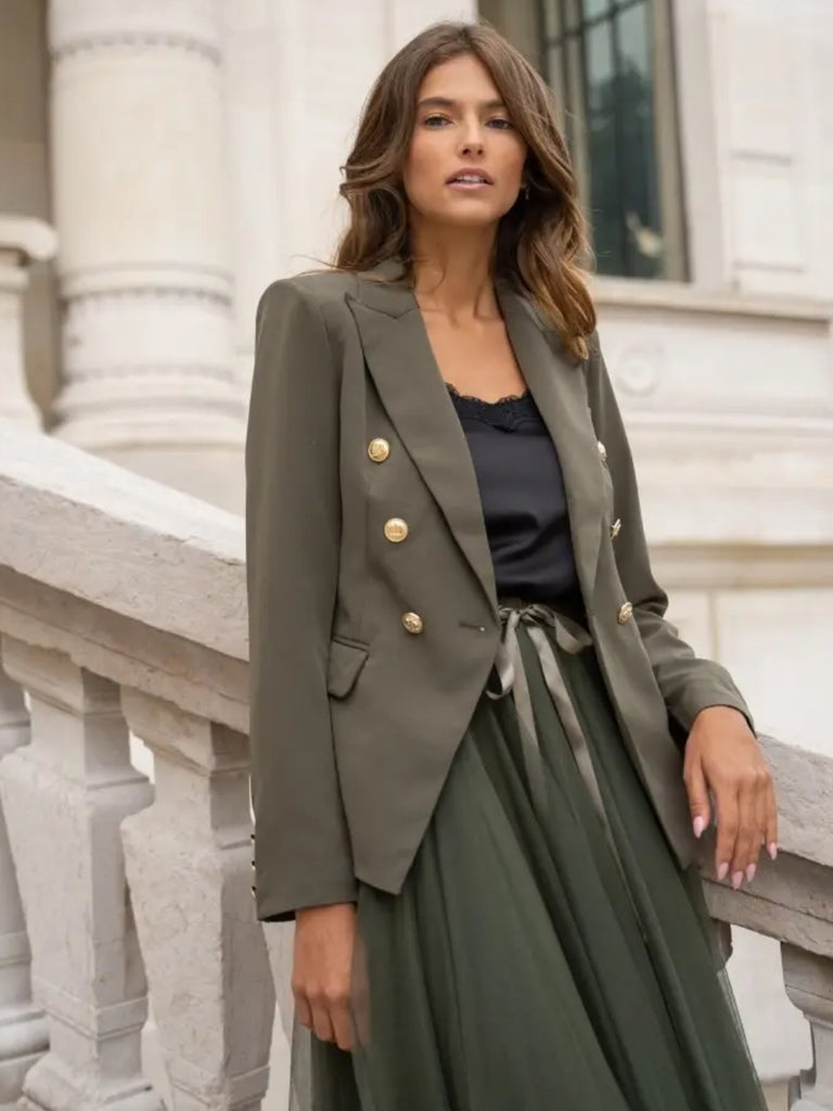 Olive -Green  Double breasted, fitted Blazer with gold tone buttons, lapel collar, and long sleeves.