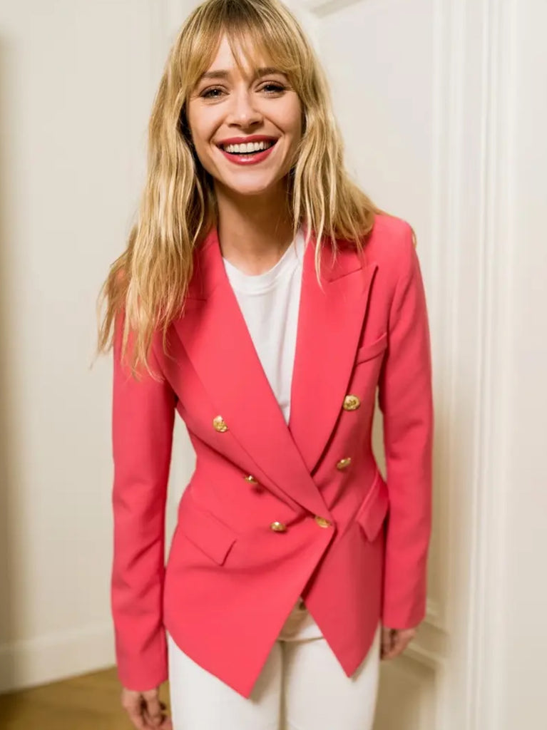 Pink Double breasted, fitted Blazer with gold tone buttons, lapel collar, and long sleeves.