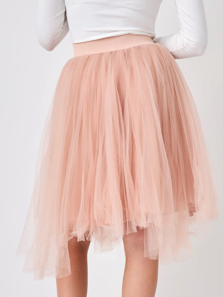 Pink, Midi length ,Tulle Tutu Skirt, flared cut, enhanced by ruffles, offering a ruffled effect at the bottom