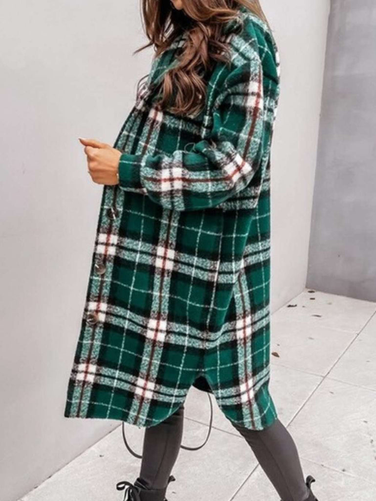  Green Hue , Fleecey Plaid Shacket boasts a longer length, button front, and chest pockets .