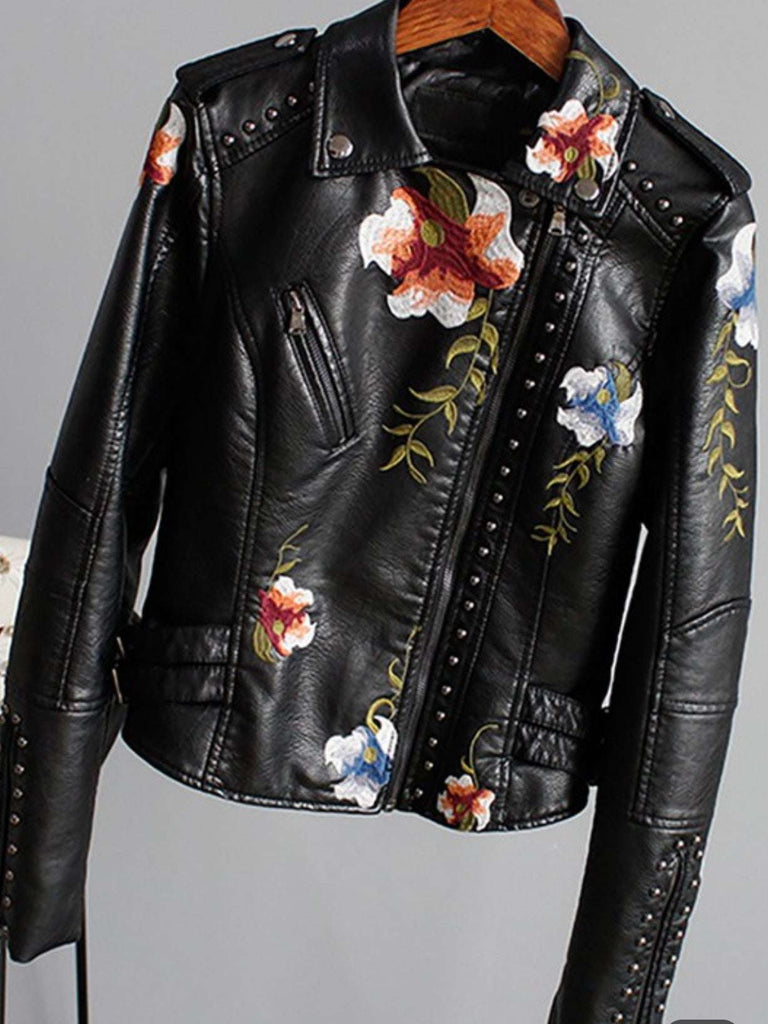 Chevelle Moto-Style Fit Jacket in Black with floral embroidery and silver studs.