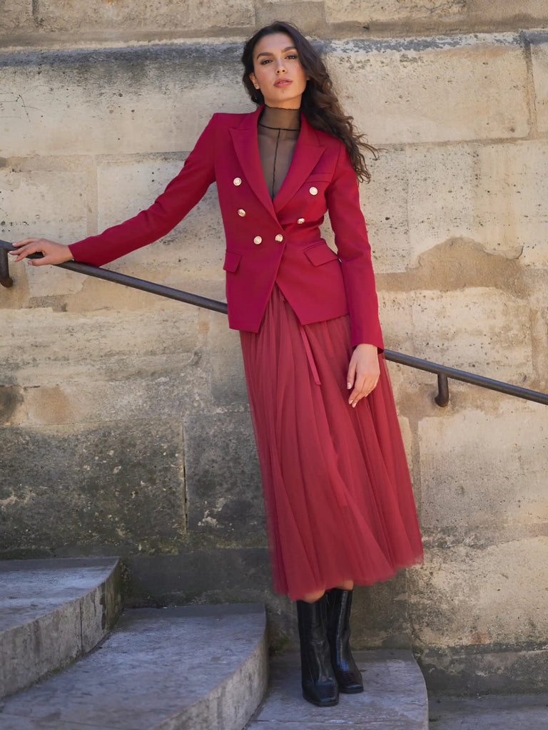 Red Double breasted, fitted Blazer with gold tone buttons, lapel collar, and long sleeves.