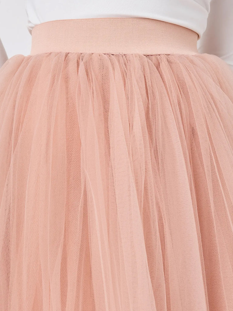 Pink, Midi length ,Tulle Tutu Skirt, flared cut, enhanced by ruffles, offering a ruffled effect at the bottom