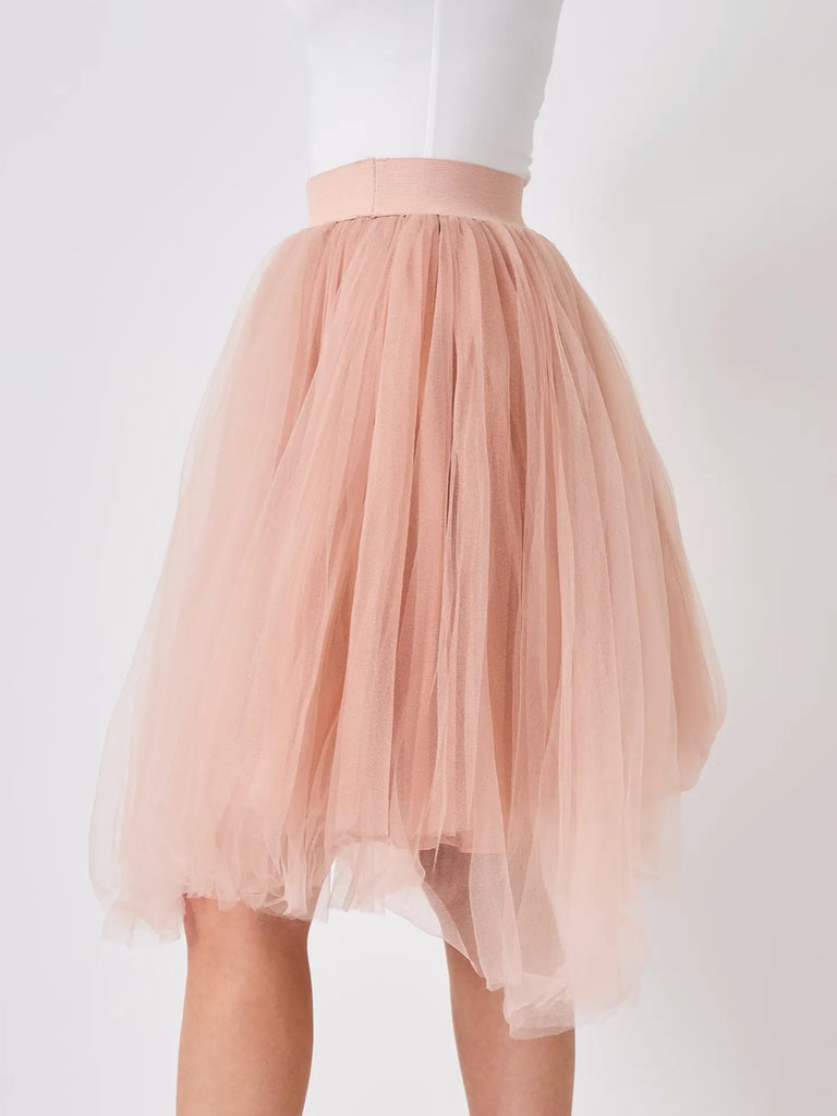 Pink, Midi length ,Tulle Tutu Skirt, flared cut, enhanced by ruffles, offering a ruffled effect at the bottom