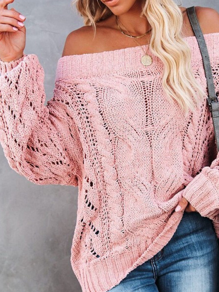  Off The Shoulder Sweater in Pink with wide boatneck and balloon sleeves made from 100%Polyester.