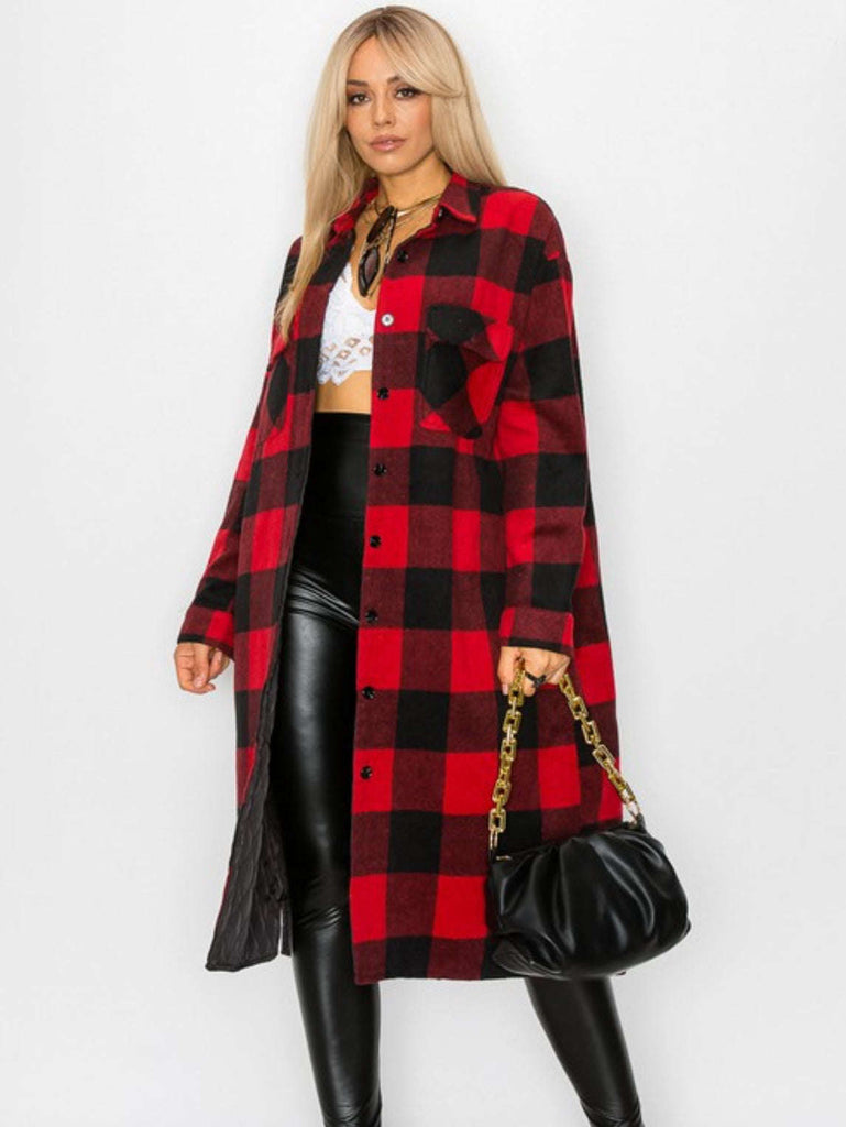 Buffalo Plaid Shacket Featuring black and red checkered plaid in a longer length style.