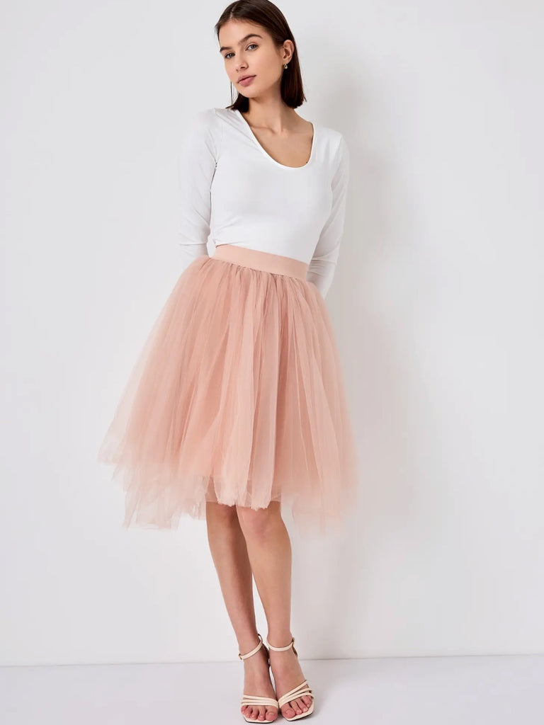 Pink, Midi length ,Tulle Tutu Skirt, flared cut, enhanced by ruffles, offering a ruffled effect at the bottom