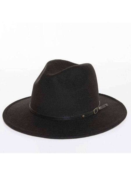 Black Fedora Hat with a medium size brim and small belted detail, made from 35% wool 65% polyester